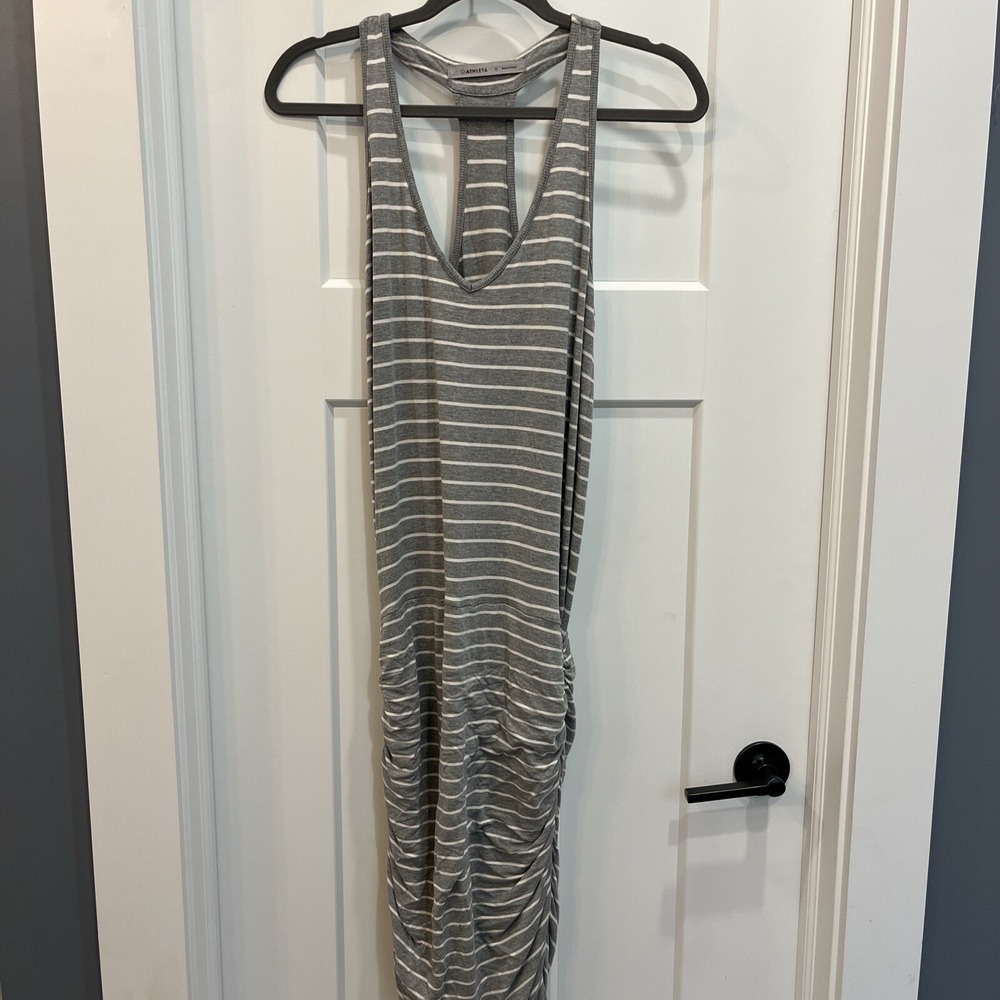 Athleta Ember Midi Racerback Dress Heathered Gray White Ruched Sides 983212 Sz M